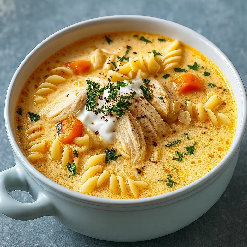Creamy Chicken Soup served in a rustic bowl with fresh herbs