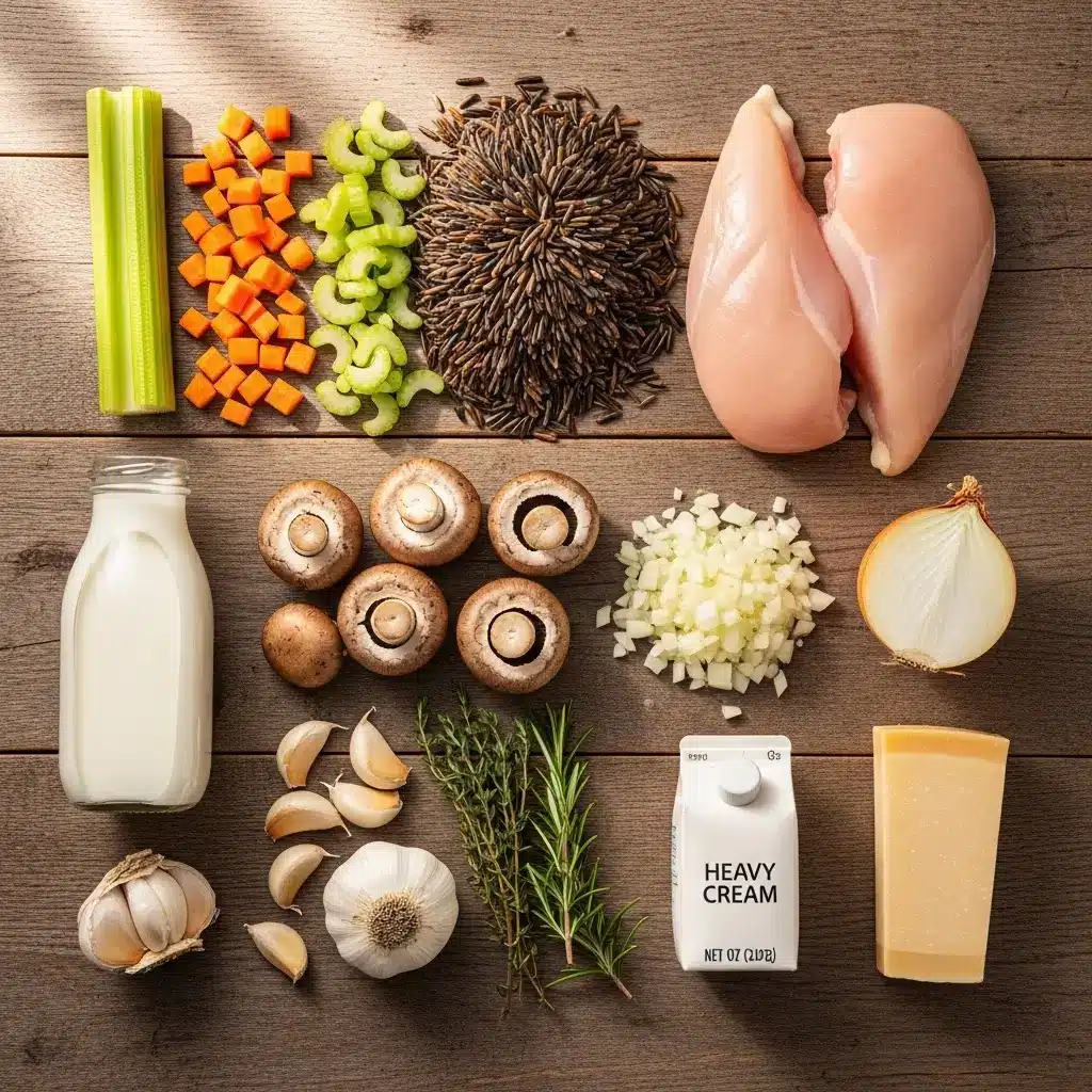 Ingredients for Creamy Chicken Wild Rice Casserole laid out on table