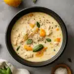 creamy Italian ground chicken soup in rustic bowl