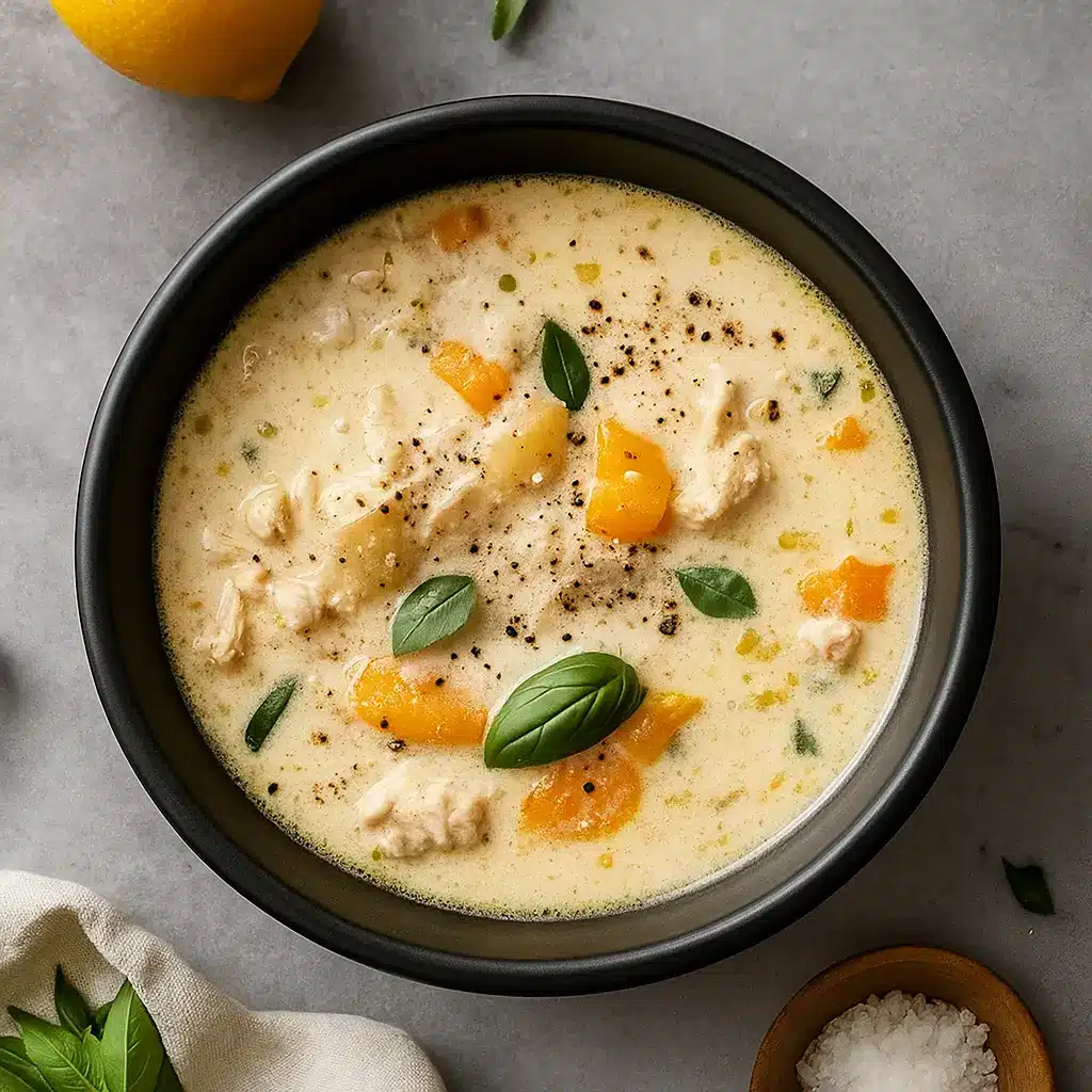 creamy Italian ground chicken soup in rustic bowl