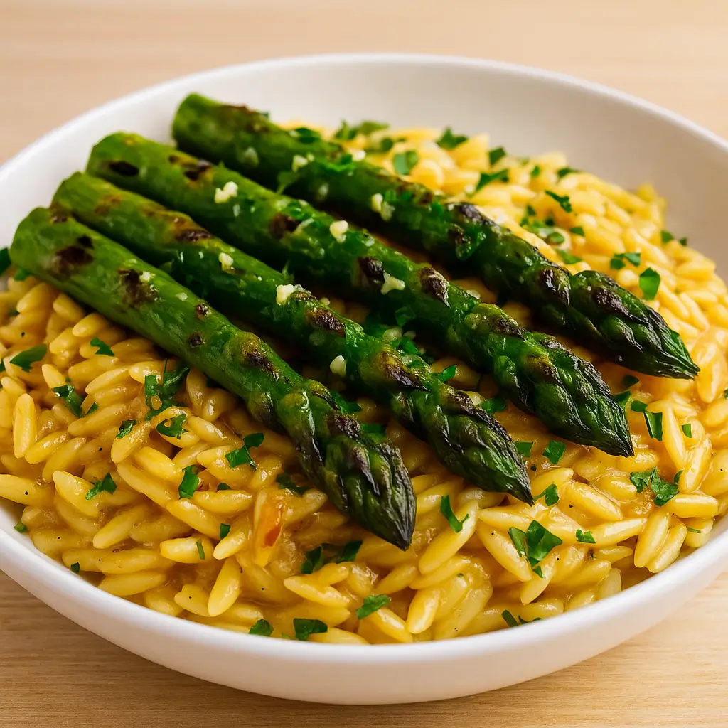 Creamy Orzo with Garlic Butter Asparagus in a bowl
