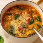 Creamy Parmesan Tuscano Soup served with parmesan and bread