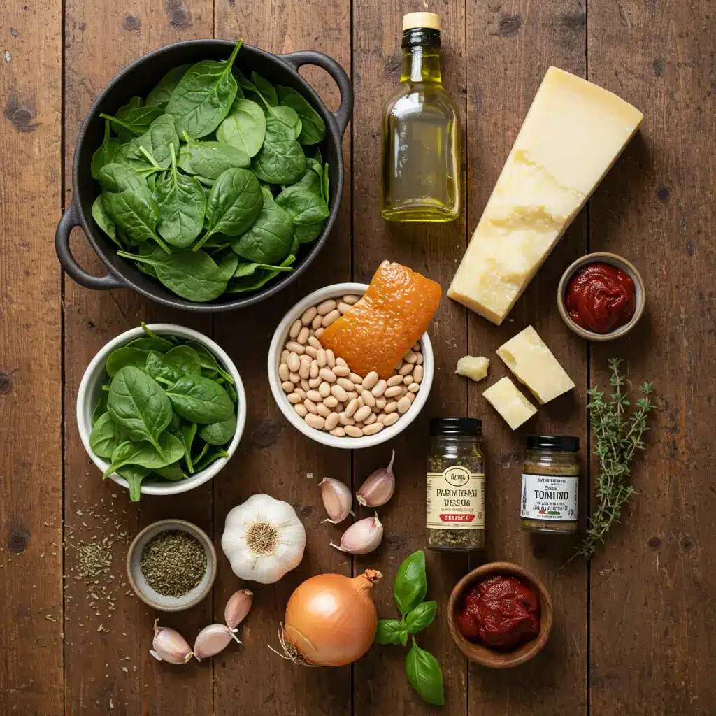 Ingredients for Creamy Parmesan Tuscano Soup on wooden table