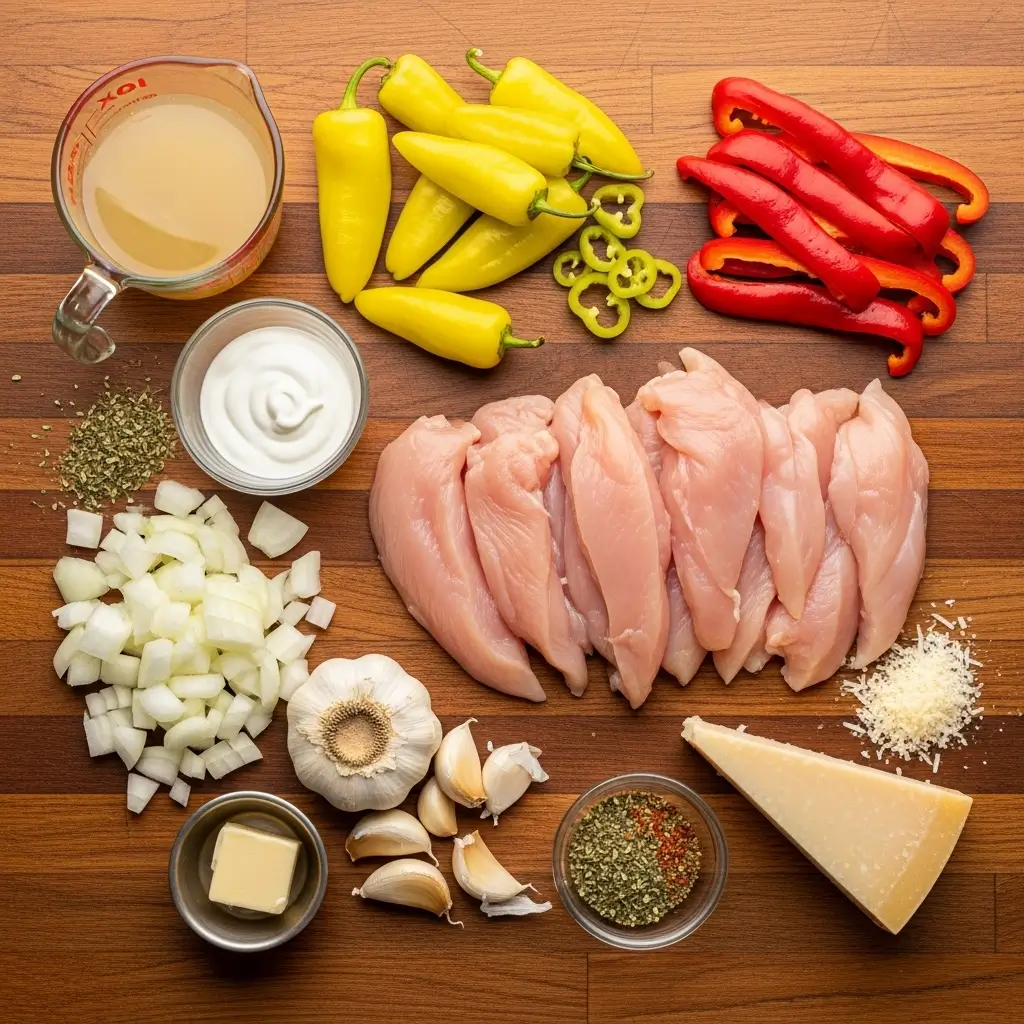 ingredients for creamy pepperoncini chicken skillet