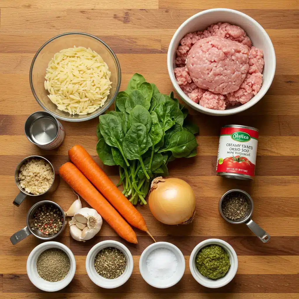Ingredients for Creamy Tomato Orzo Soup with Mini Turkey Meatballs