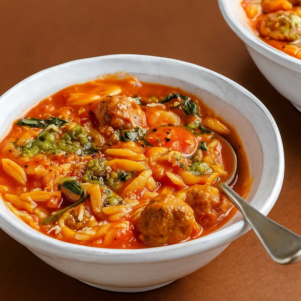 Creamy Tomato Orzo Soup with Mini Turkey Meatballs in a bowl