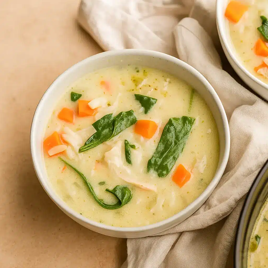 creamy turkey orzo soup in a rustic bowl