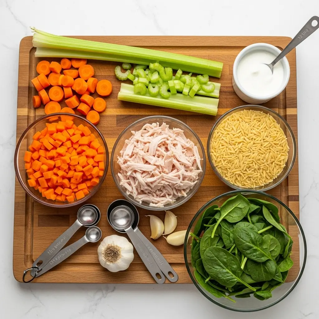 creamy turkey orzo soup ingredients layout