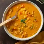 Creamy Turkey Pumpkin Chili in rustic bowl