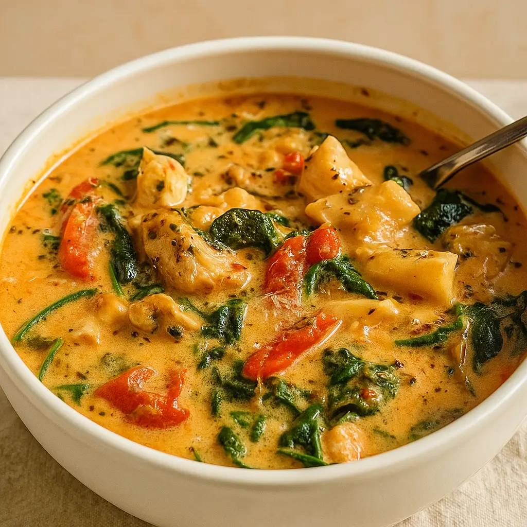 Creamy Tuscan Chicken Soup in a rustic bowl