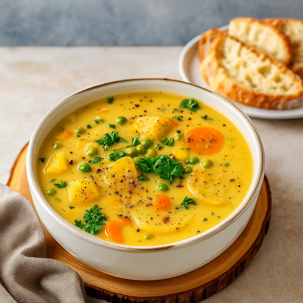 Creamy vegan potato soup in a bowl with fresh herbs