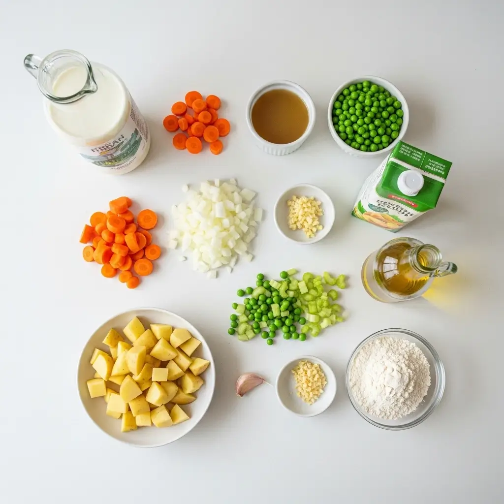 Ingredients for creamy vegan potato soup on a kitchen counter