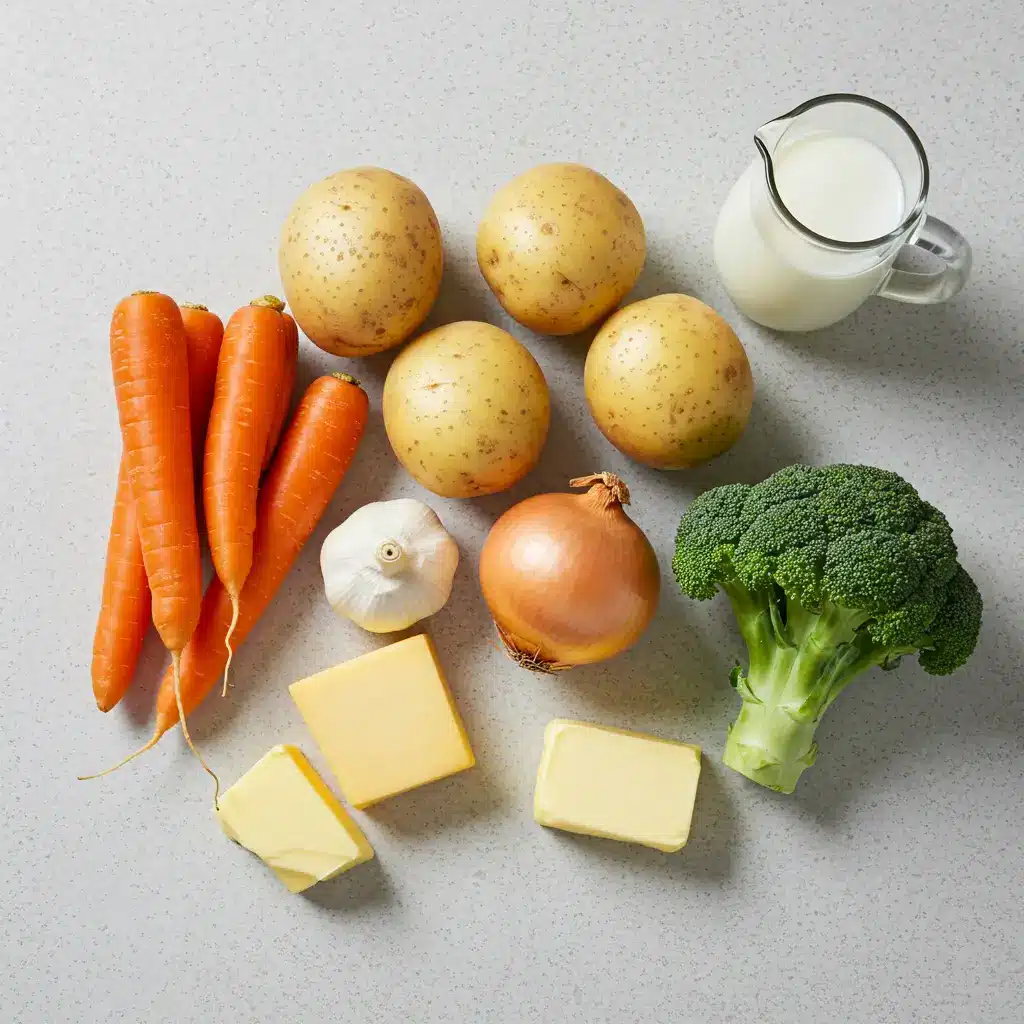 creamy vegetable soup ingredients laid out on counter