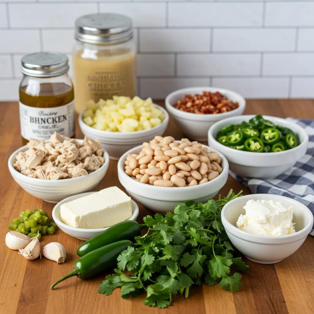 Creamy White Chicken Chili With Cream Cheese ingredients on farmhouse table