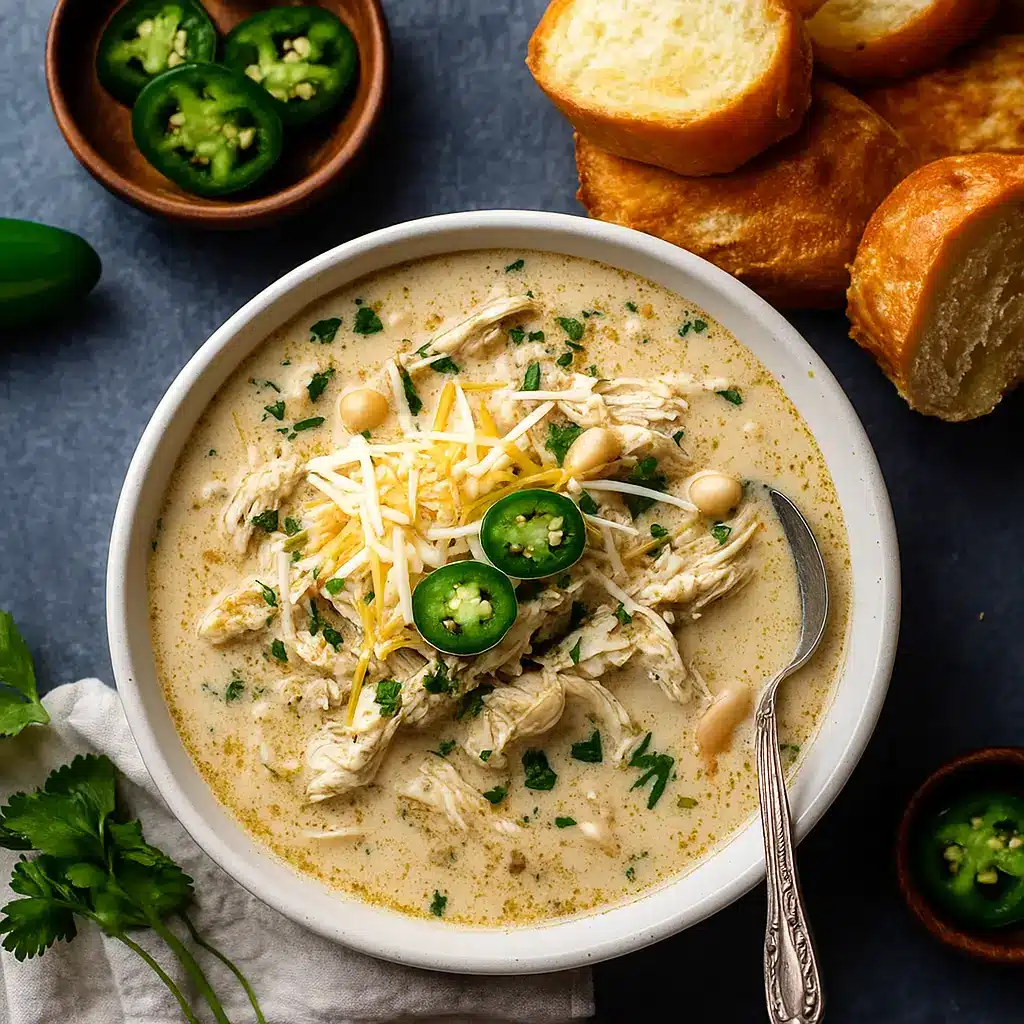 Bowl of Creamy White Chicken Chili With Cream Cheese
