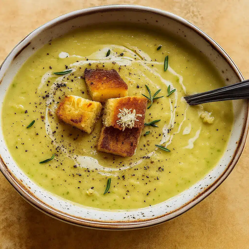 Creamy zucchini soup in rustic bowl with herbs