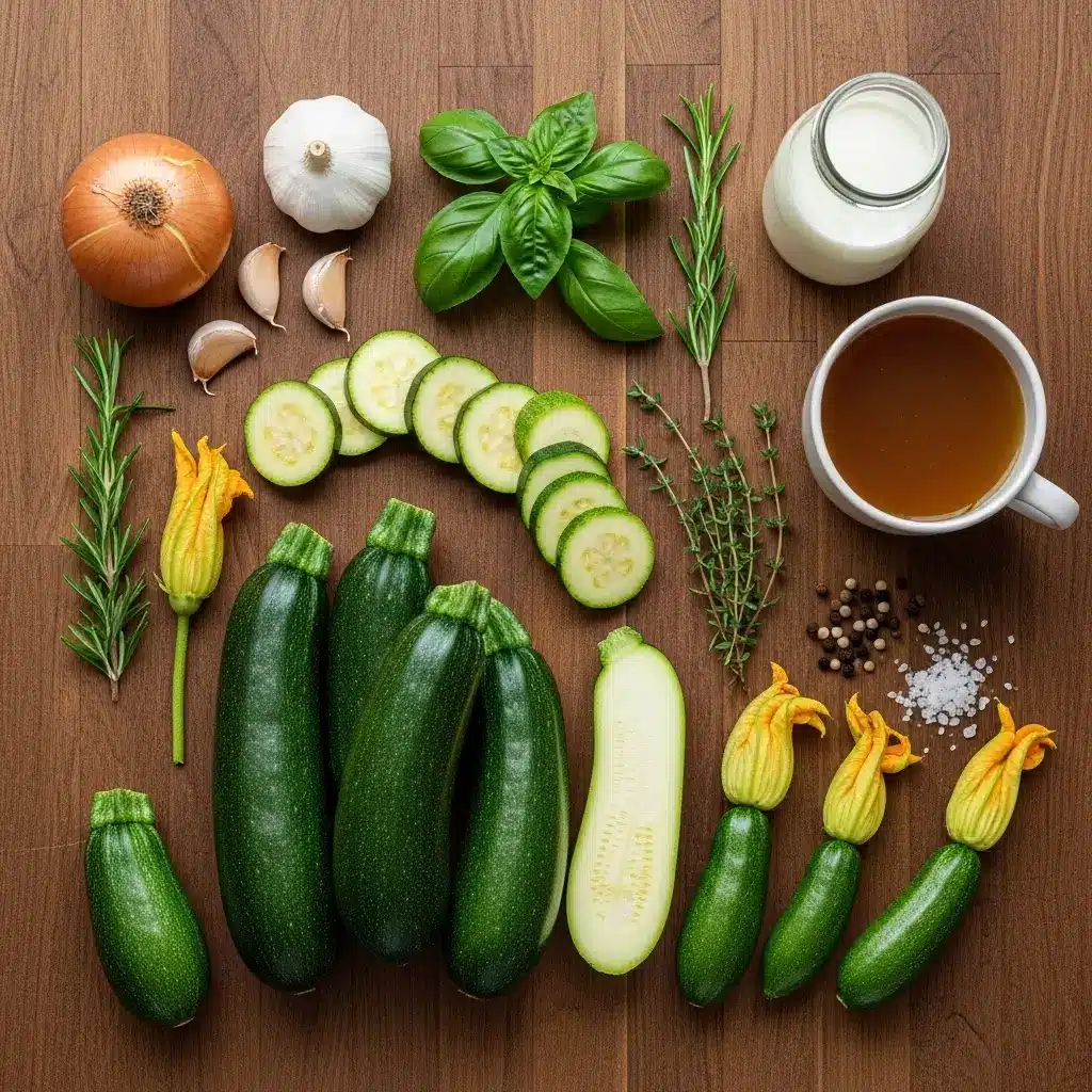 Ingredients for creamy zucchini soup laid out