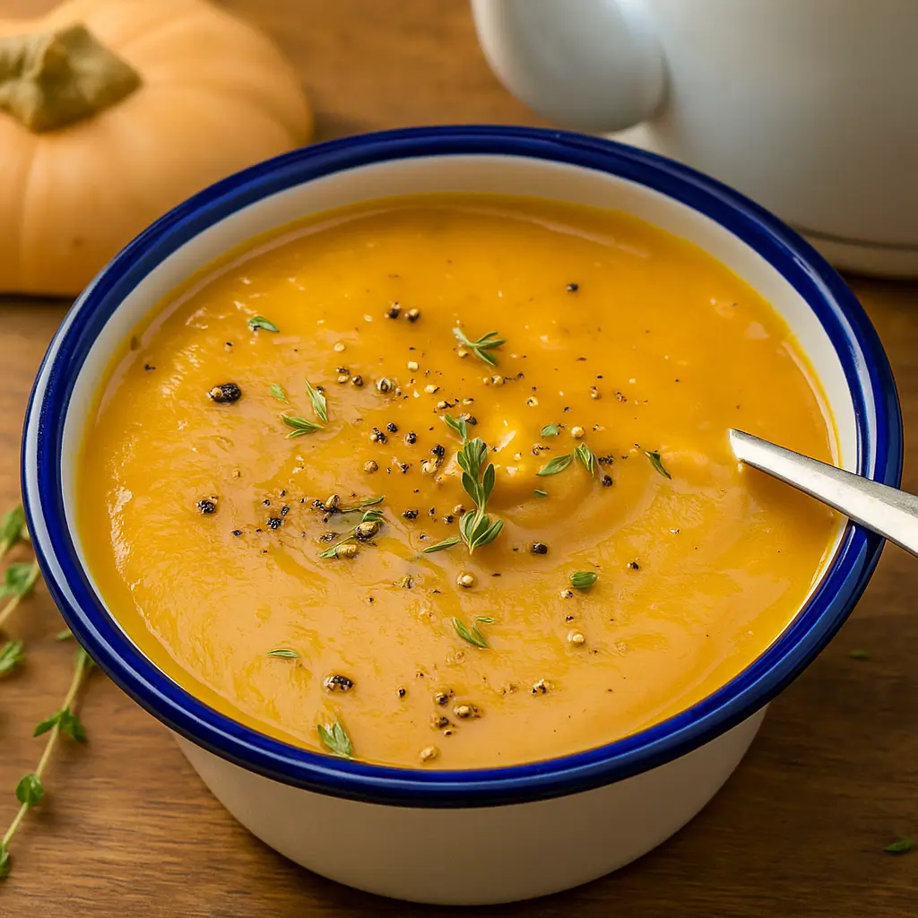 Crock Pot Butternut Squash Soup in rustic bowl with thyme garnish