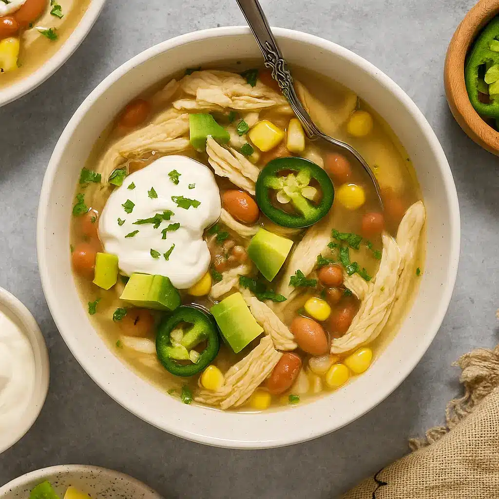 Crock Pot Green Enchilada Chicken Soup with toppings
