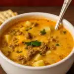 Crock Pot Hamburger Potato Soup served in a rustic bowl with cheese and parsley