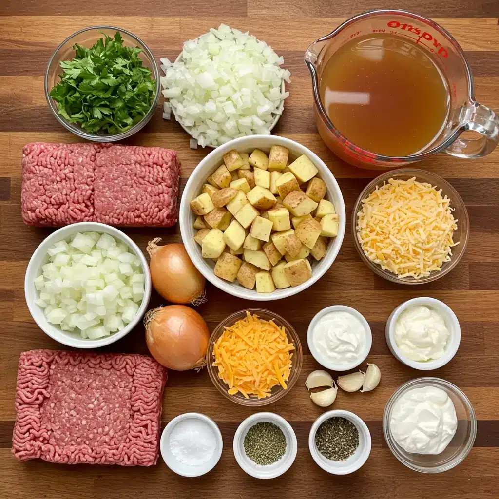 Crock Pot Hamburger Potato Soup ingredients on a wooden counter
