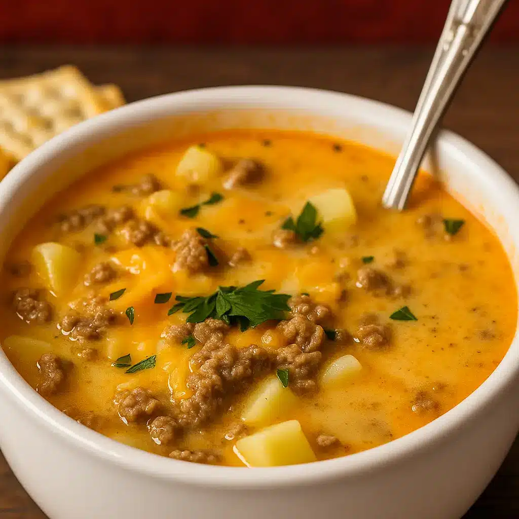 Crock Pot Hamburger Potato Soup served in a rustic bowl with cheese and parsley