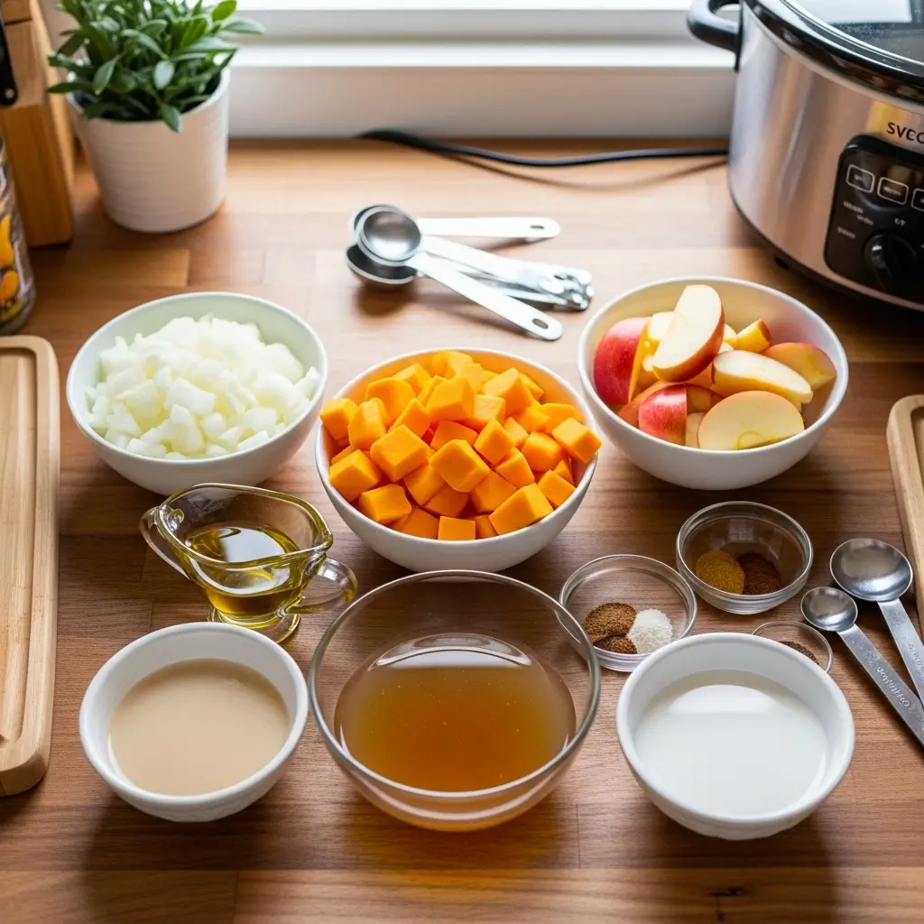 Crockpot Butternut Squash Soup ingredients laid out on kitchen counter