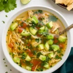 Crockpot Chicken Avocado Lime Soup in a rustic bowl topped with avocado and cilantro