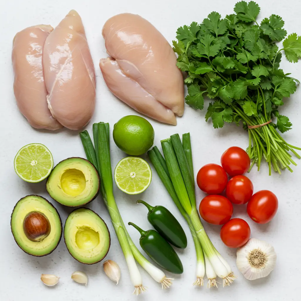 Ingredients for Crockpot Chicken Avocado Lime Soup laid out on a countertop