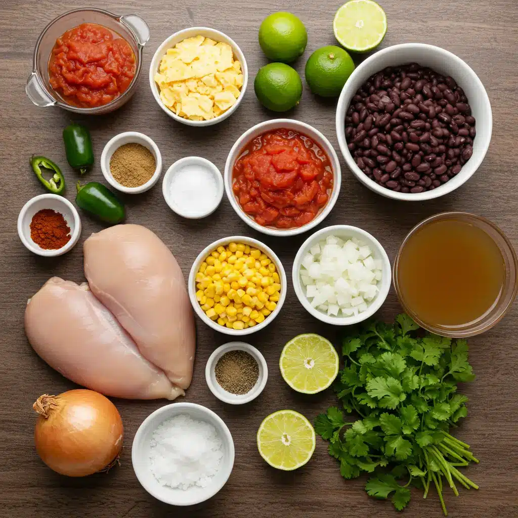 Crockpot Chicken Enchilada Soup ingredients arranged on a counter