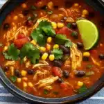 Crockpot Chicken Enchilada Soup served in a bowl with lime and cilantro