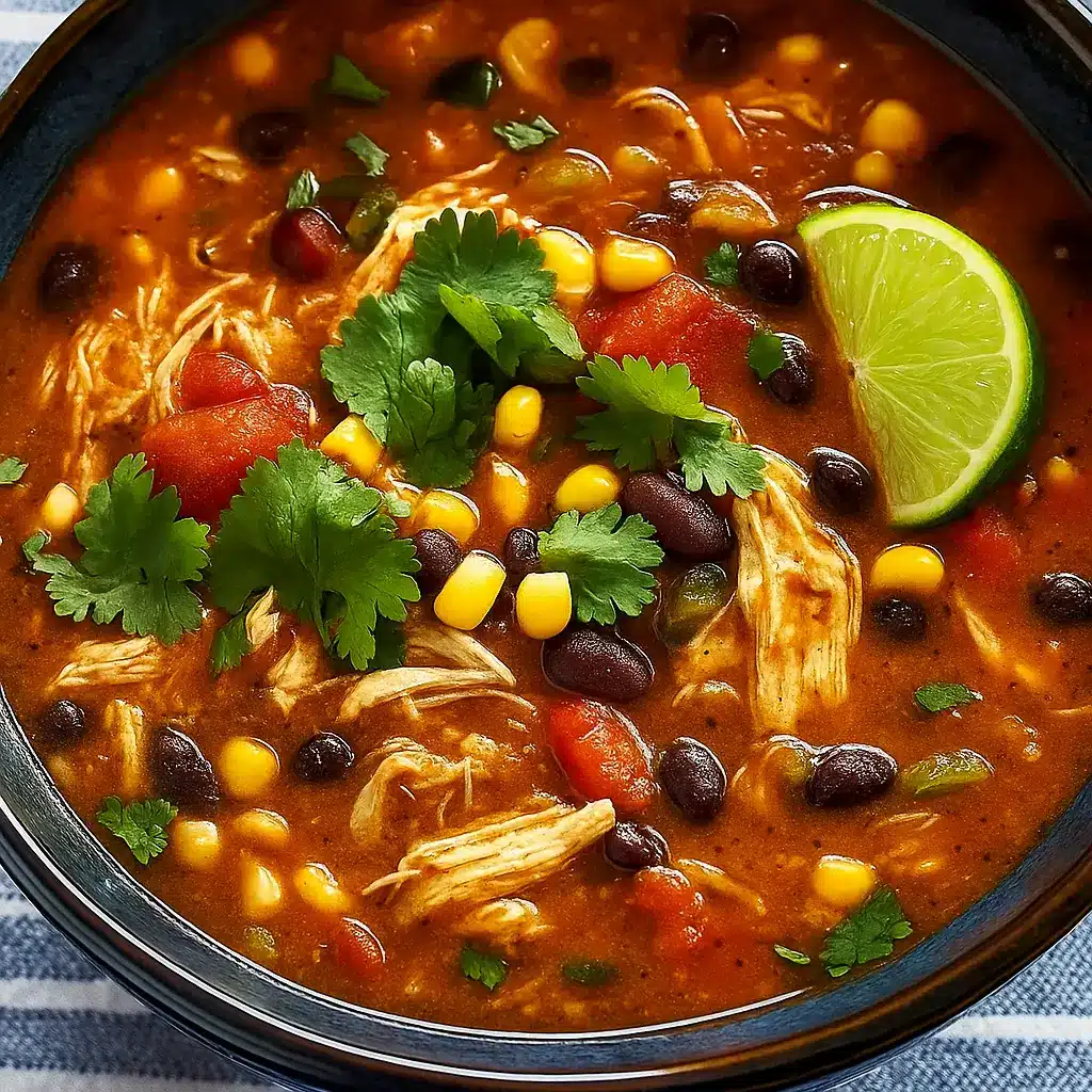 Crockpot Chicken Enchilada Soup served in a bowl with lime and cilantro