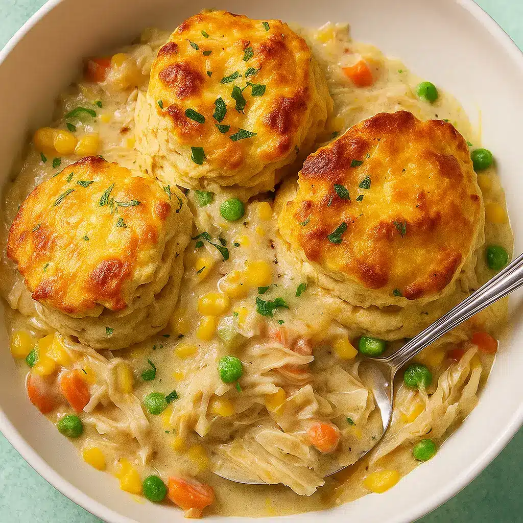 Crockpot Chicken Pot Pie Stew Recipe with biscuits on top