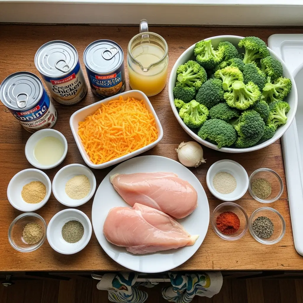 Ingredients for Crockpot Creamy Broccoli Cheddar Chicken
