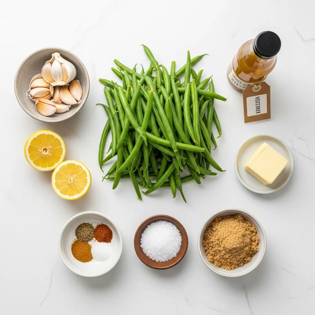 Ingredients for Crockpot Green Beans on white counter