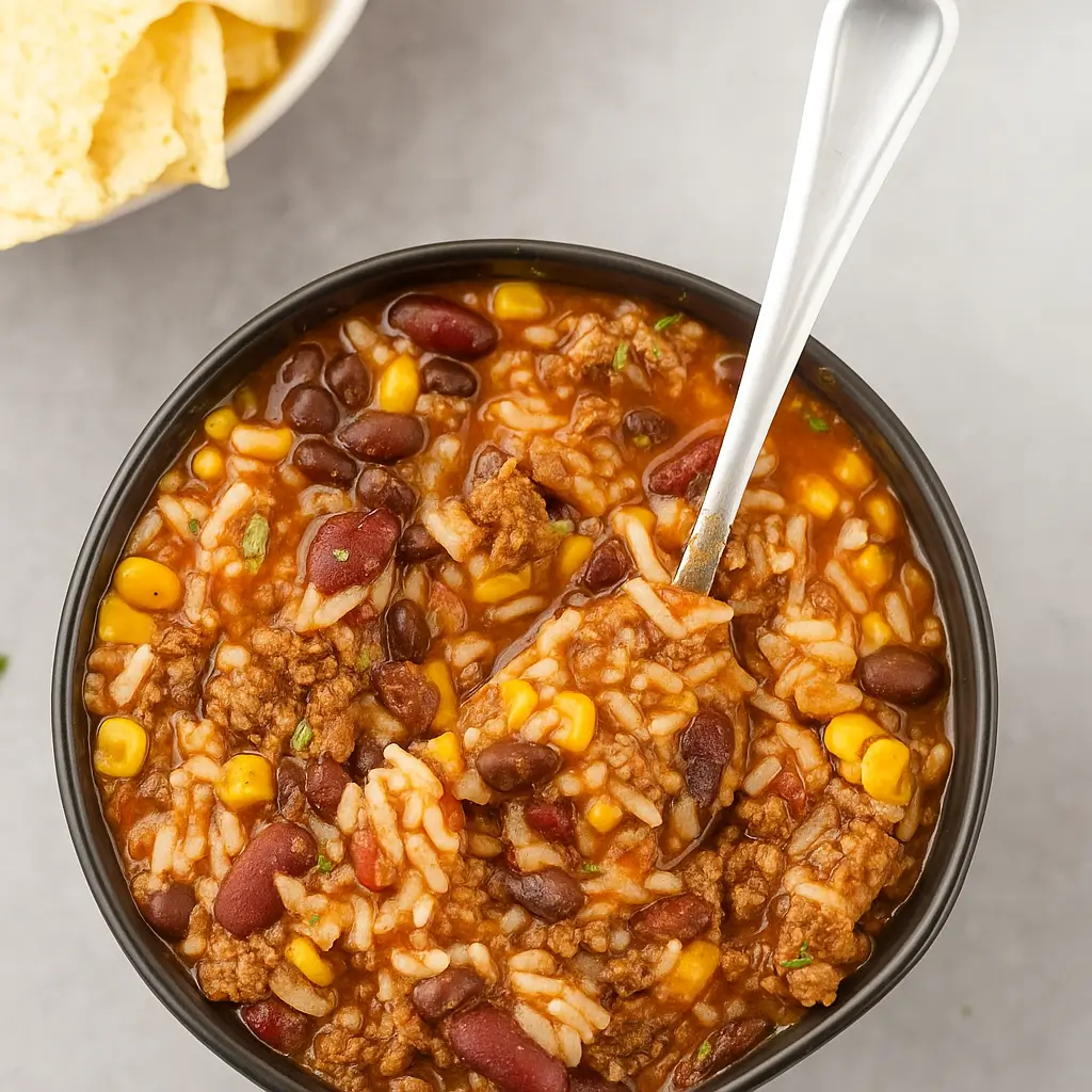 Crockpot Taco Rice Soup in bowl with toppings