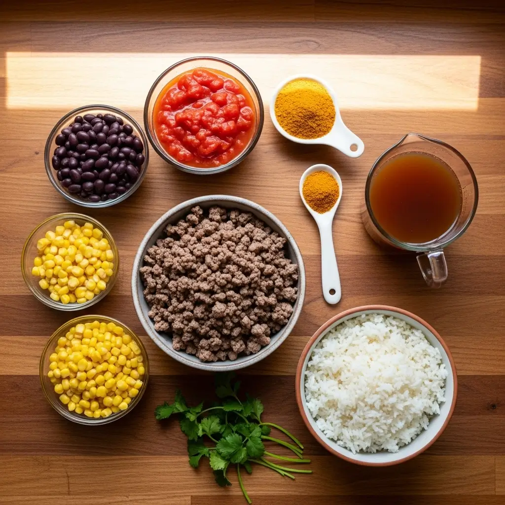 Crockpot Taco Rice Soup ingredients flat lay