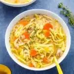 Crockpot Turkey Noodle Soup served in rustic bowl