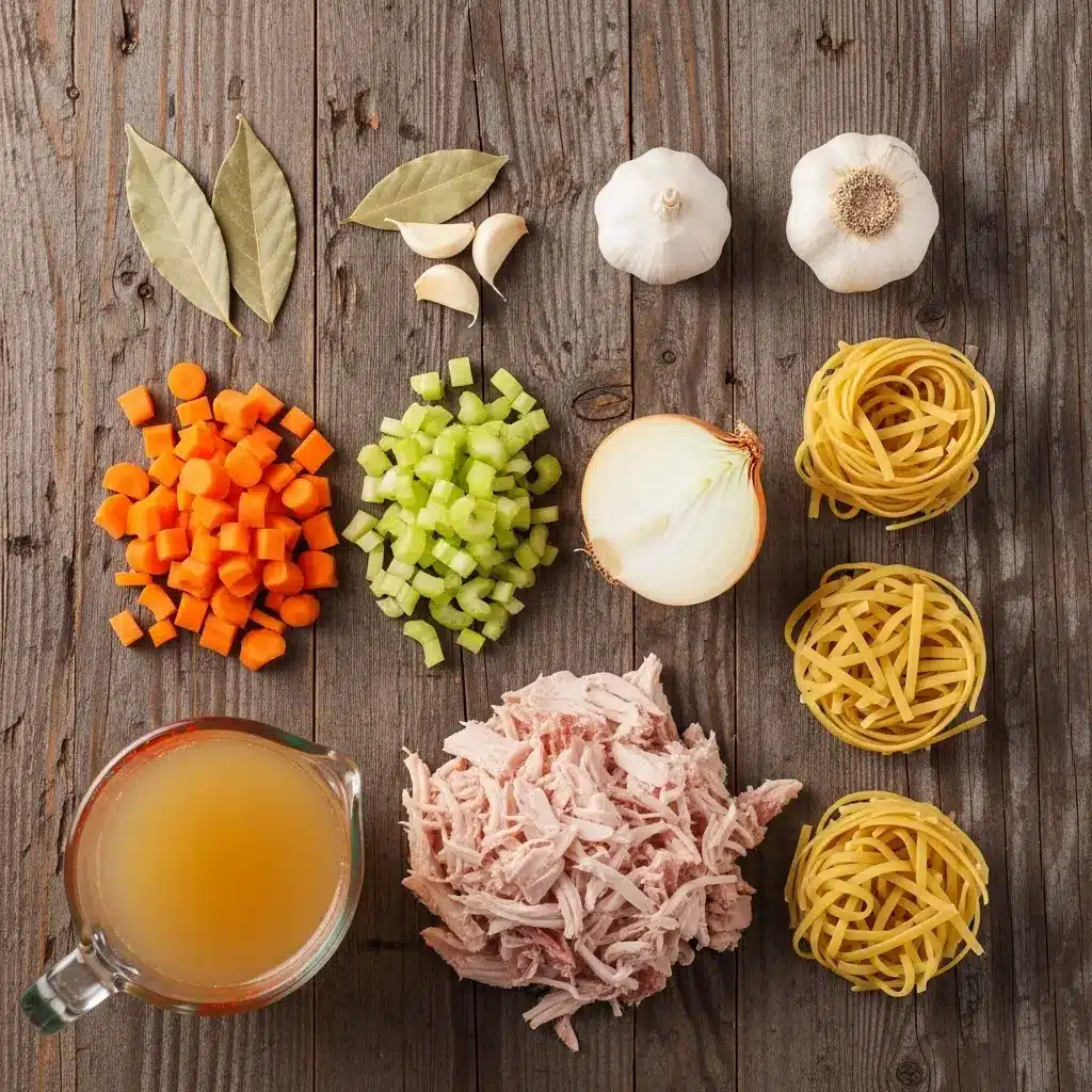 Crockpot Turkey Noodle Soup ingredients flat lay