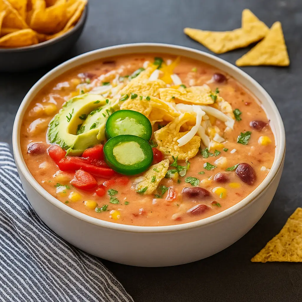 Crockpot Vegetarian Tortilla Soup with Toppings