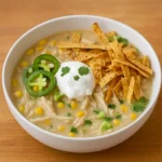 Crockpot White Chicken Chili Soup in a bowl with toppings