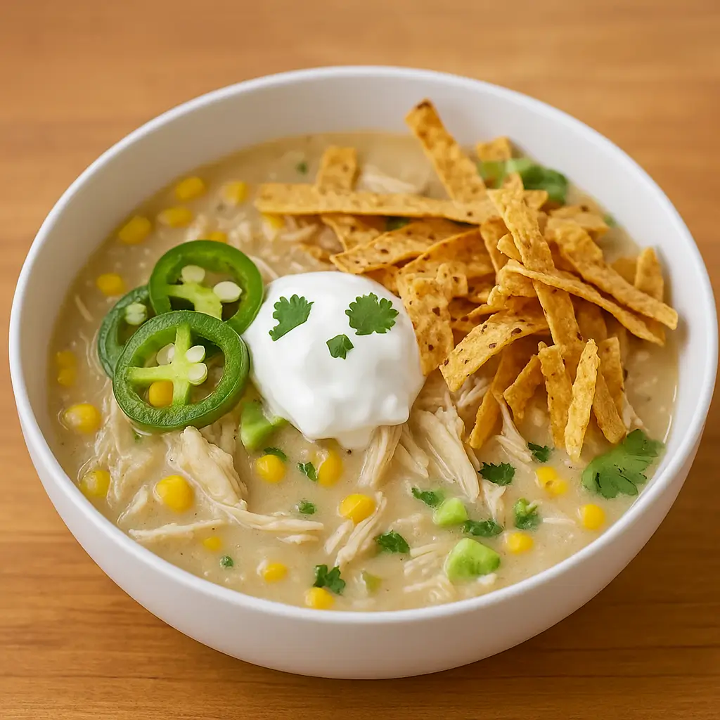 Crockpot White Chicken Chili Soup in a bowl with toppings