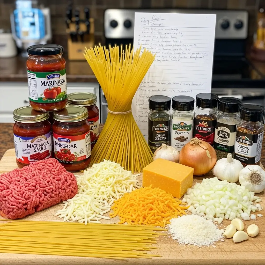 easy baked spaghetti ingredients laid out