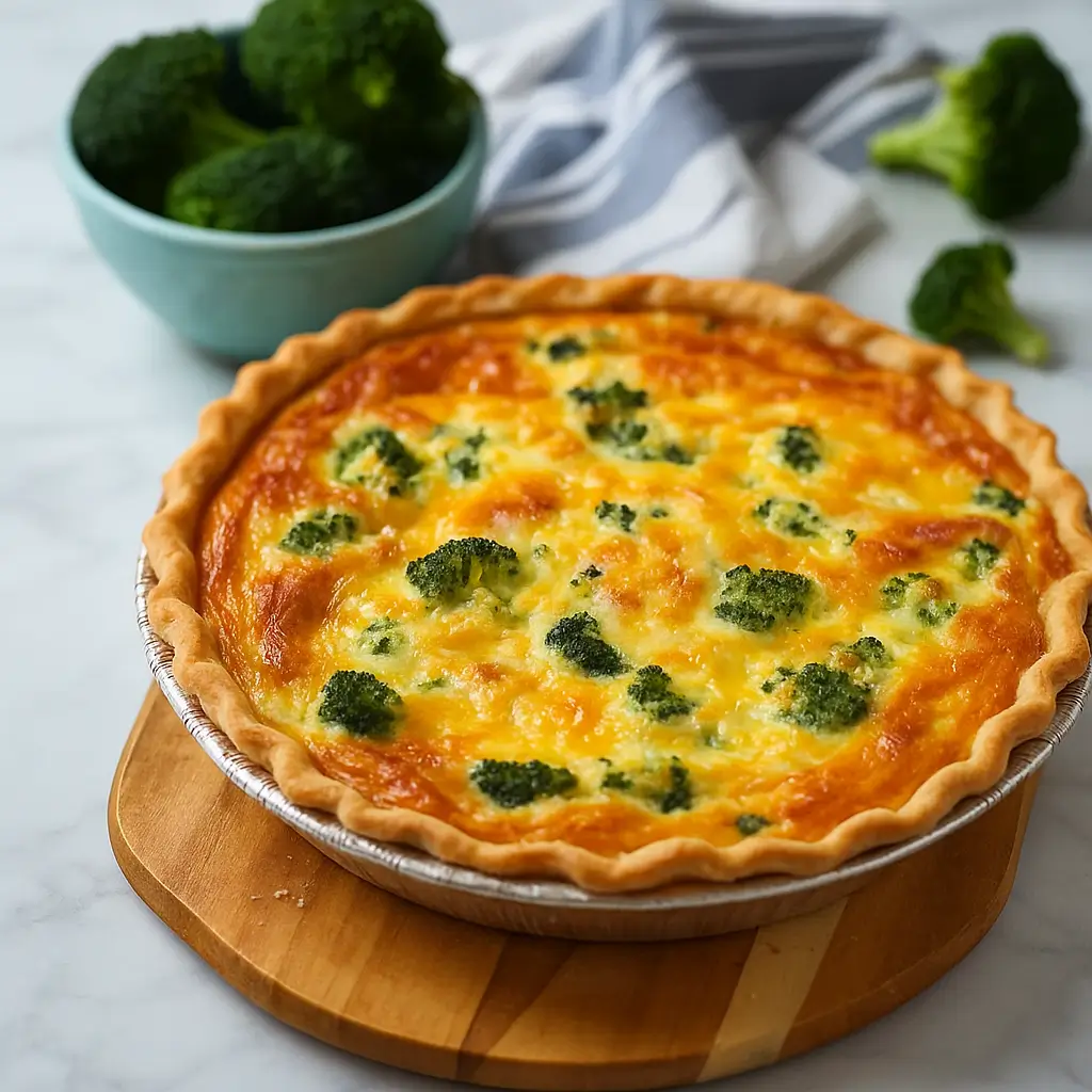 Easy Broccoli Cheddar Quiche Recipe with golden crust and melted cheese