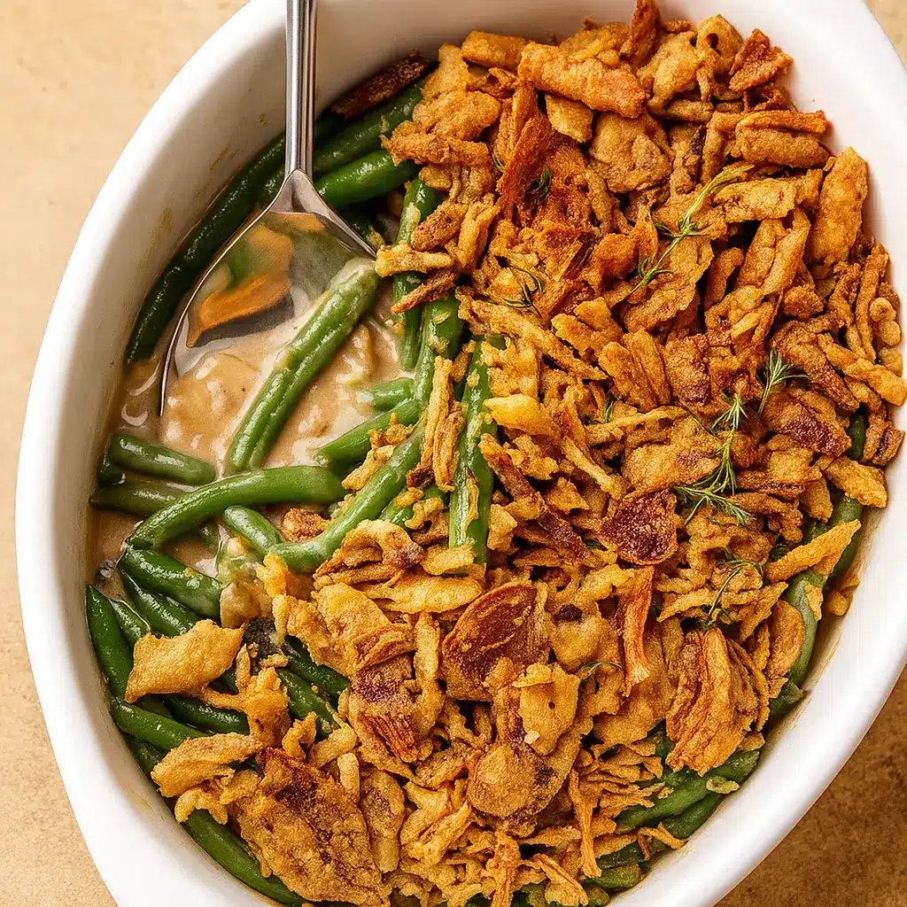 Easy Green Bean Casserole in rustic setting
