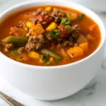 Easy Hamburger Soup in a bowl on wooden table