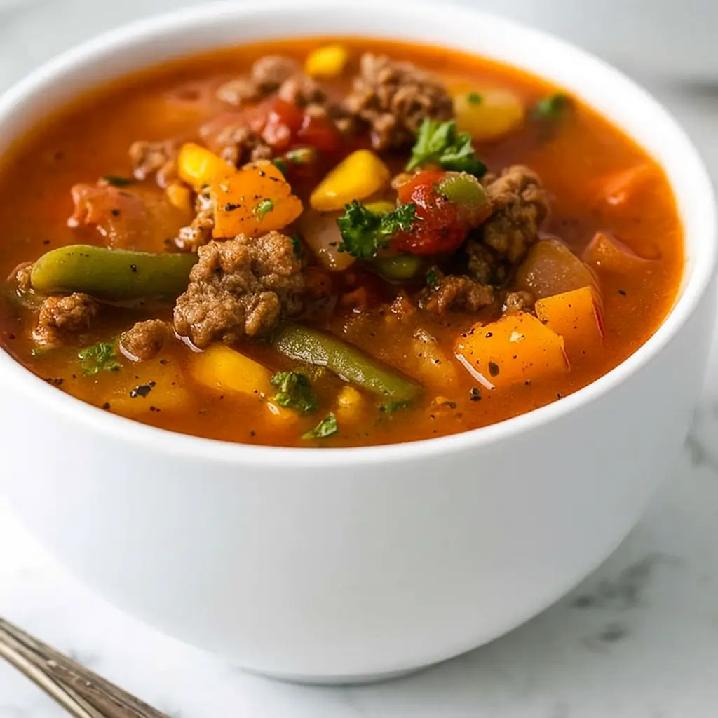 Easy Hamburger Soup in a bowl on wooden table