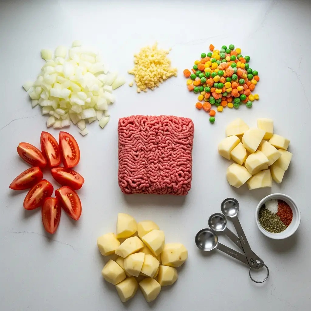 Ingredients for Easy Hamburger Soup on kitchen counter