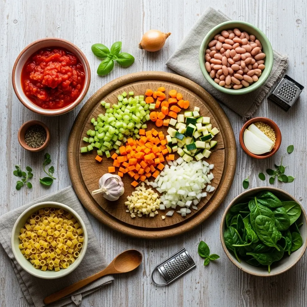 Ingredients for Easy Minestrone Soup on a Rustic Counter