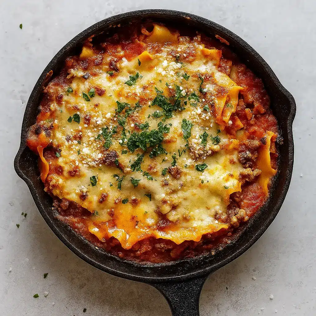 Easy One Pot Skillet Lasagna in cast iron skillet with fresh basil